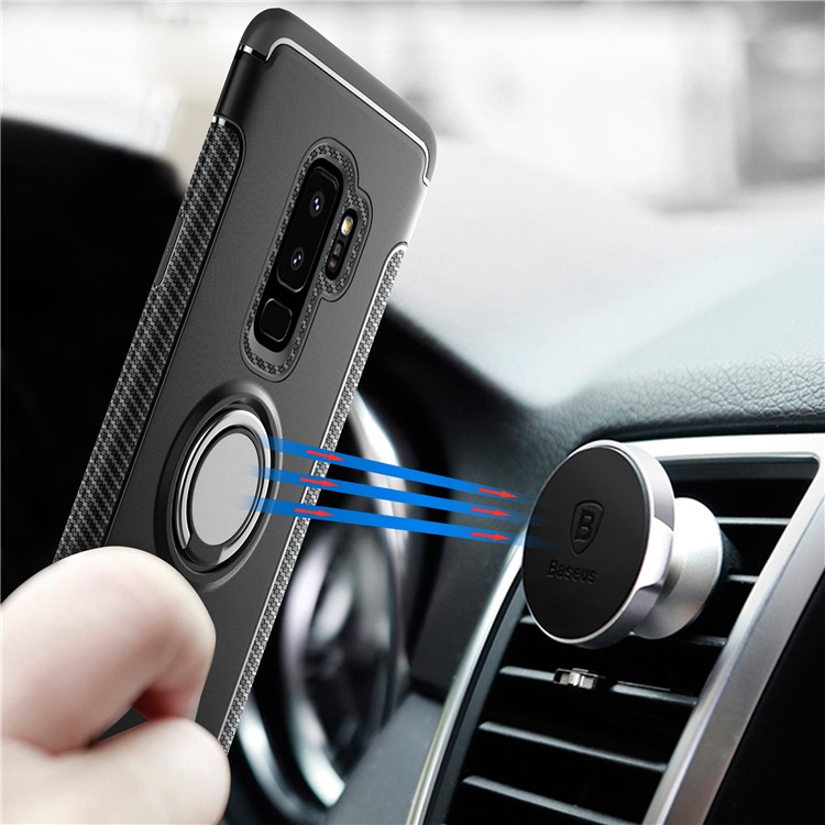 Carbon Fiber Texture TPU PC Hybrid Case with Magnetic Ring Holder for Samsung S9 Plus - Black-2