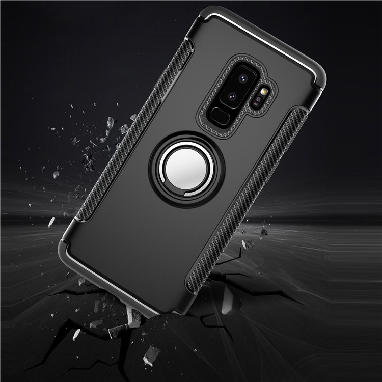 Carbon Fiber Texture TPU PC Hybrid Case with Magnetic Ring Holder for Samsung S9 Plus - Black-3
