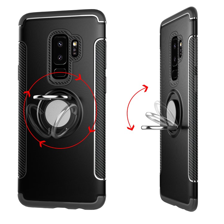 Carbon Fiber Texture TPU PC Hybrid Case with Magnetic Ring Holder for Samsung S9 Plus - Black-4