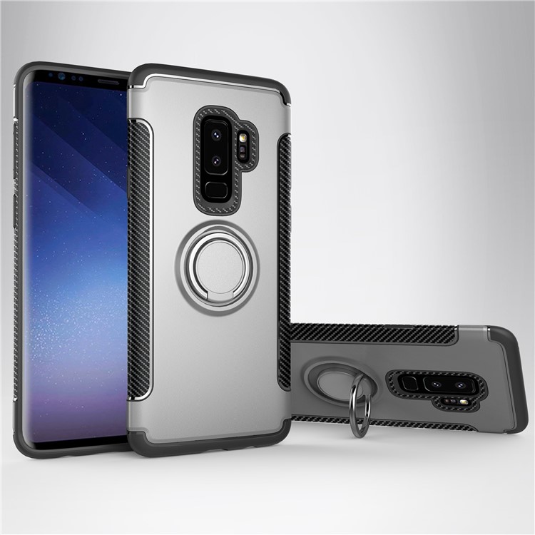 Carbon Fiber Texture TPU PC Hybrid Cover with Magnetic Ring Holder for Samsung S9 Plus - Silver-1
