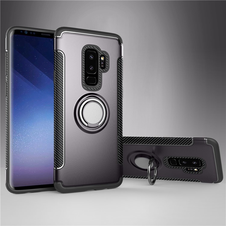 Carbon Fiber Texture TPU PC Hybrid Shell with Magnetic Ring Holder for Samsung S9 Plus - Grey-1