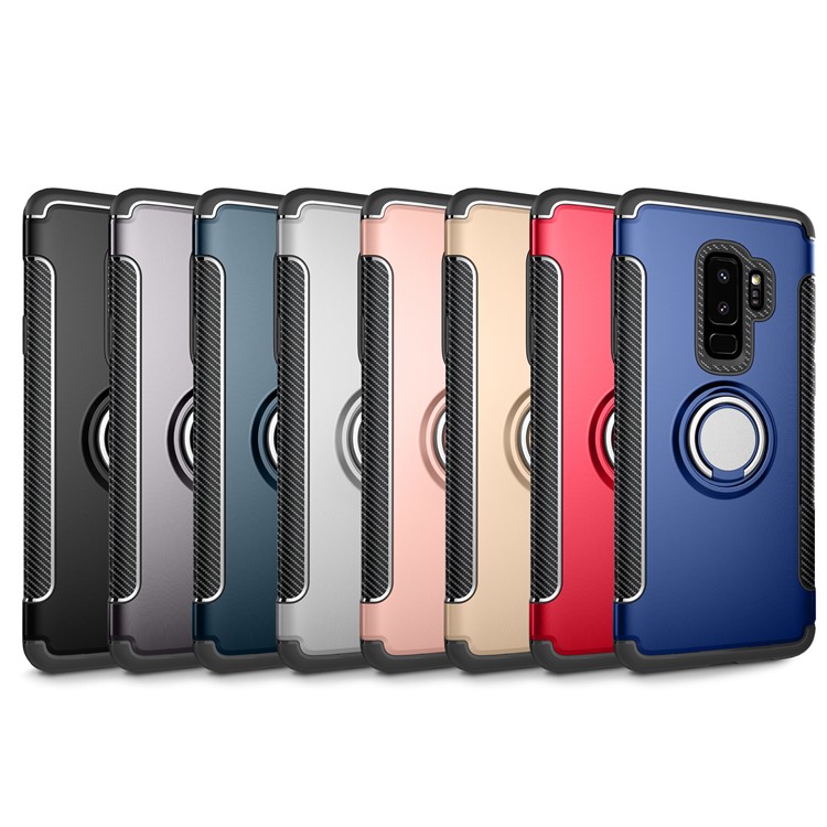 Carbon Fiber Texture TPU PC Hybrid Shell with Magnetic Ring Holder for Samsung S9 Plus - Grey-2