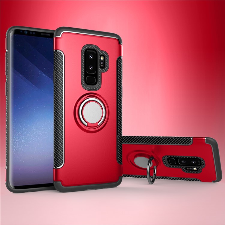 Carbon Fiber Texture TPU PC Hybrid Back Case with Magnetic Ring Holder for Samsung S9 Plus - Red-1