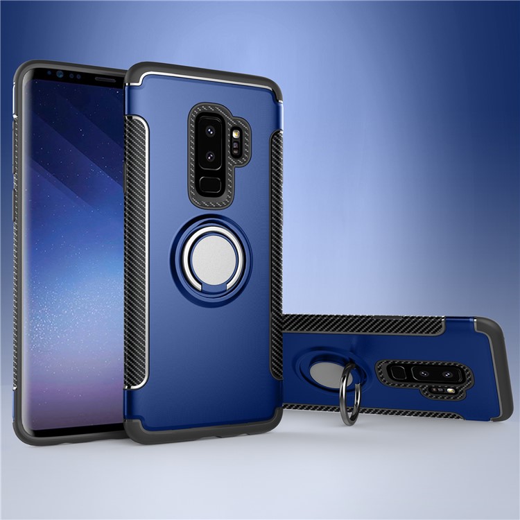 Carbon Fiber Texture TPU PC Combo Shell with Magnetic Kickstand for Samsung S9+ - Dark Blue-1