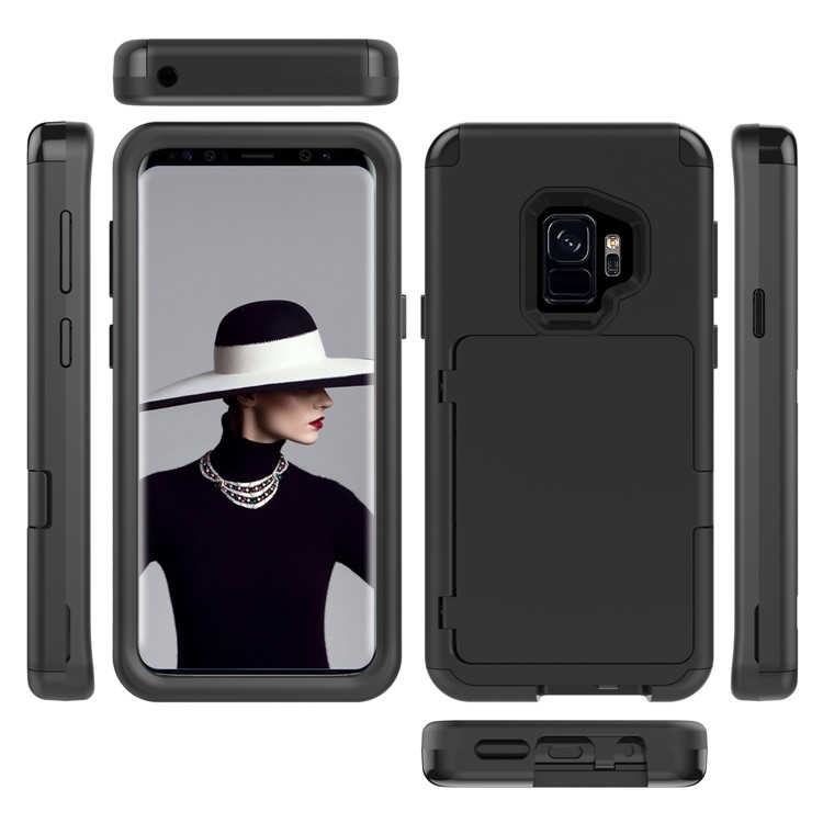 Shockproof Card Holder Mirror PC + TPU Hybrid Case for Samsung Galaxy S9 SM-G960 - Black-4