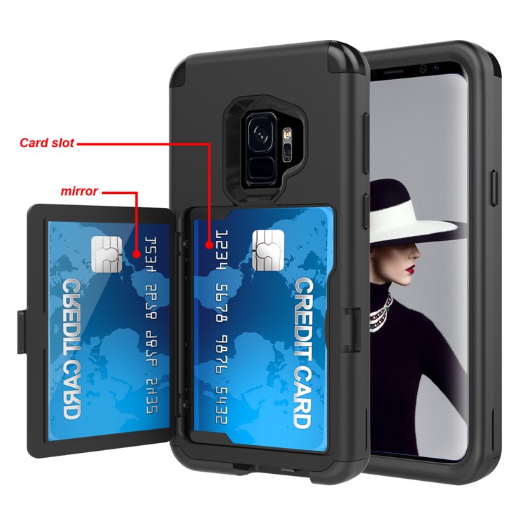 Shockproof Card Holder Mirror PC + TPU Hybrid Case for Samsung Galaxy S9 SM-G960 - Black-5