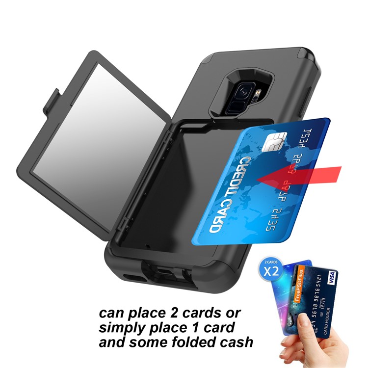 Shockproof Card Holder Mirror PC + TPU Hybrid Case for Samsung Galaxy S9 SM-G960 - Black-7