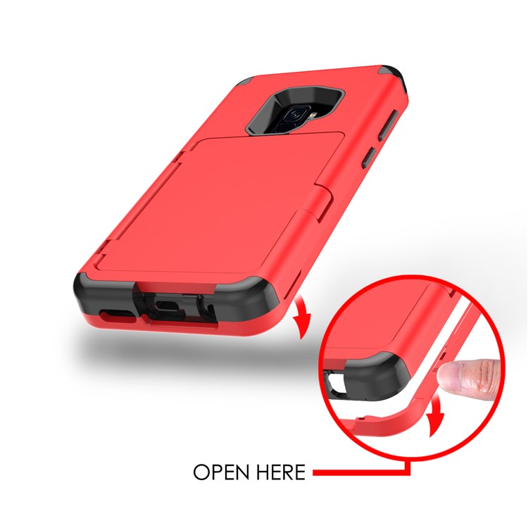 Shockproof Card Holder Mirror PC + TPU Hybrid Shell Case for Samsung Galaxy S9 SM-G960 - Red-11