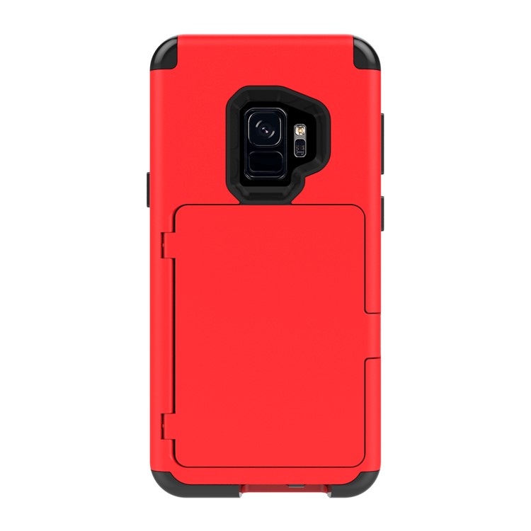 Shockproof Card Holder Mirror PC + TPU Hybrid Shell Case for Samsung Galaxy S9 SM-G960 - Red-2