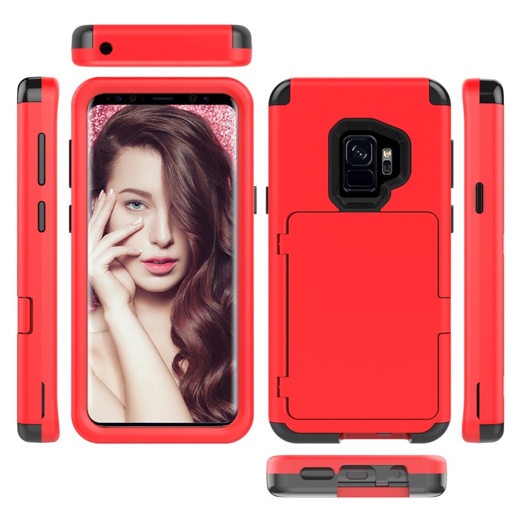 Shockproof Card Holder Mirror PC + TPU Hybrid Shell Case for Samsung Galaxy S9 SM-G960 - Red-4