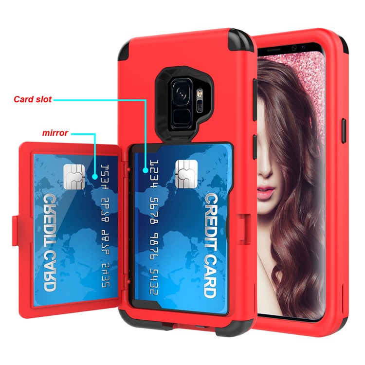 Shockproof Card Holder Mirror PC + TPU Hybrid Shell Case for Samsung Galaxy S9 SM-G960 - Red-5