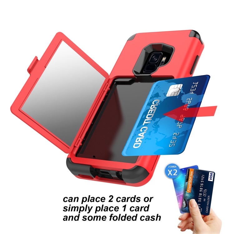 Shockproof Card Holder Mirror PC + TPU Hybrid Shell Case for Samsung Galaxy S9 SM-G960 - Red-7