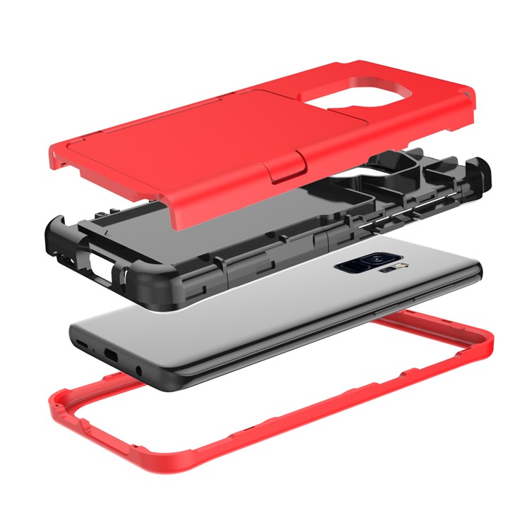 Shockproof Card Holder Mirror PC + TPU Hybrid Shell Case for Samsung Galaxy S9 SM-G960 - Red-9