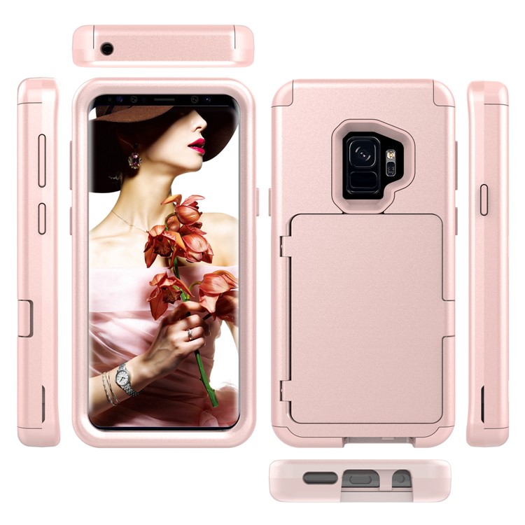 Shockproof Card Holder Mirror PC + TPU Hybrid Cover Case for Samsung Galaxy S9 SM-G960 - Rose Gold-4