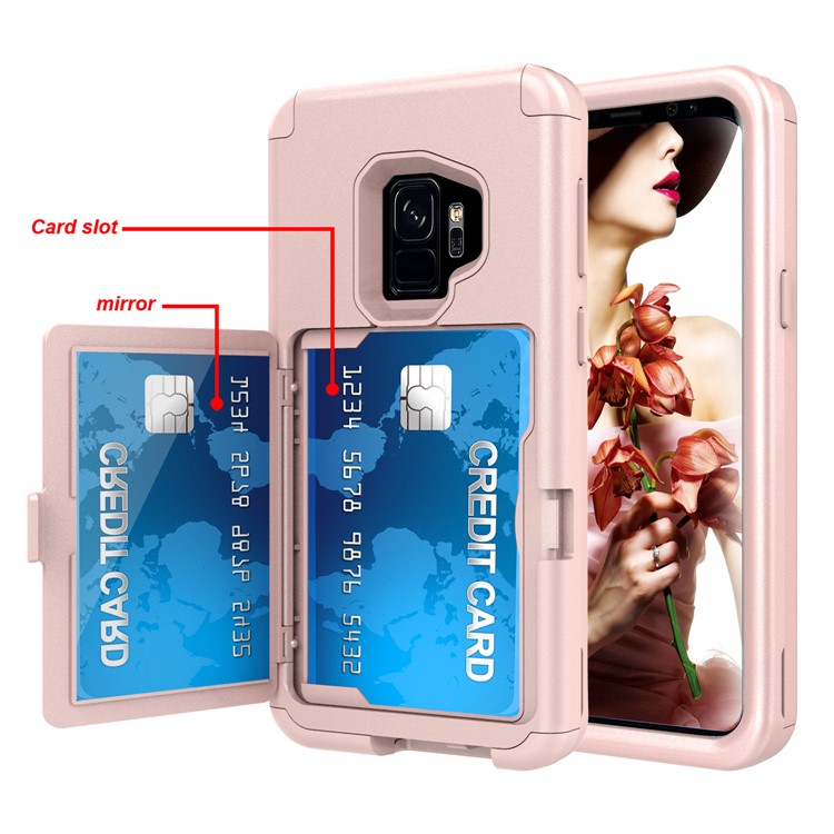 Shockproof Card Holder Mirror PC + TPU Hybrid Cover Case for Samsung Galaxy S9 SM-G960 - Rose Gold-5
