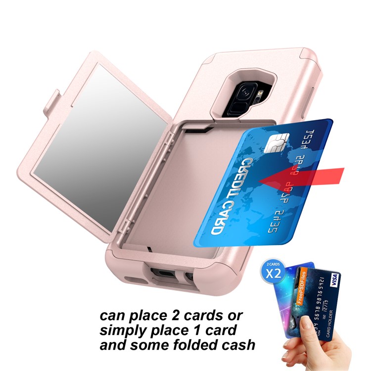 Shockproof Card Holder Mirror PC + TPU Hybrid Cover Case for Samsung Galaxy S9 SM-G960 - Rose Gold-7