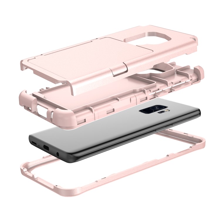 Shockproof Card Holder Mirror PC + TPU Hybrid Cover Case for Samsung Galaxy S9 SM-G960 - Rose Gold-9
