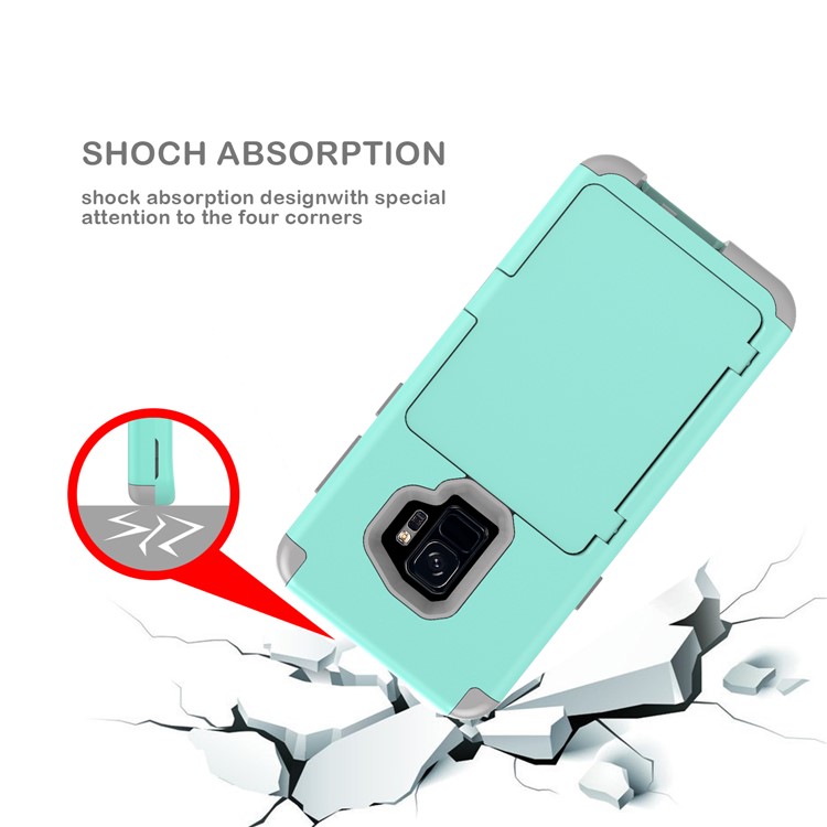 Shockproof Card Holder Mirror PC + TPU Hybrid Protective Case for Samsung Galaxy S9 SM-G960 - Cyan-10
