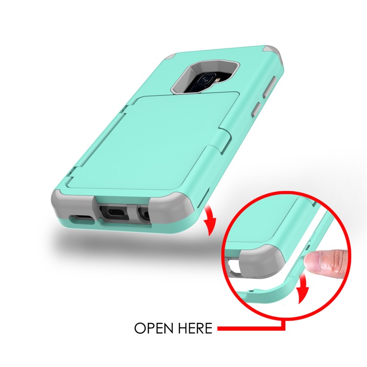 Shockproof Card Holder Mirror PC + TPU Hybrid Protective Case for Samsung Galaxy S9 SM-G960 - Cyan-11