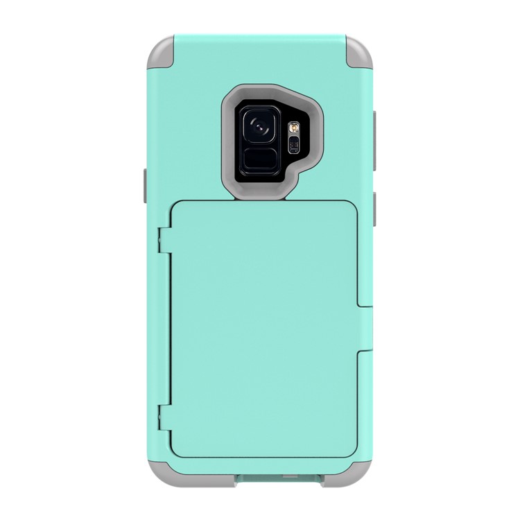 Shockproof Card Holder Mirror PC + TPU Hybrid Protective Case for Samsung Galaxy S9 SM-G960 - Cyan-2