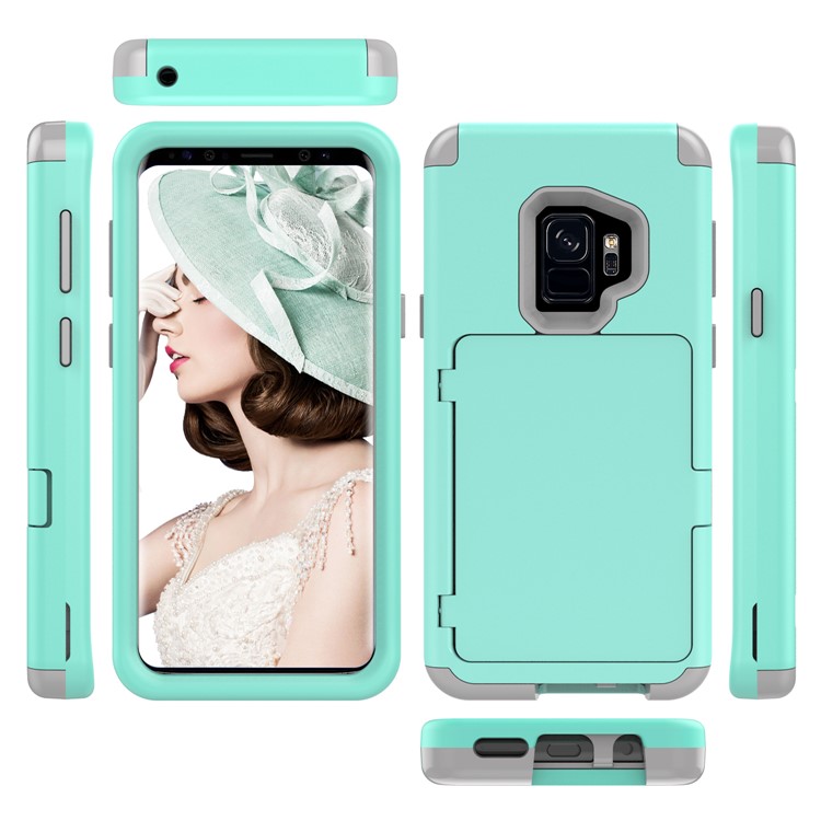 Shockproof Card Holder Mirror PC + TPU Hybrid Protective Case for Samsung Galaxy S9 SM-G960 - Cyan-4
