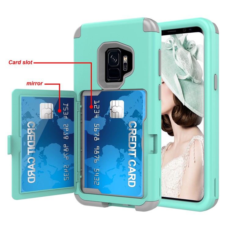 Shockproof Card Holder Mirror PC + TPU Hybrid Protective Case for Samsung Galaxy S9 SM-G960 - Cyan-5