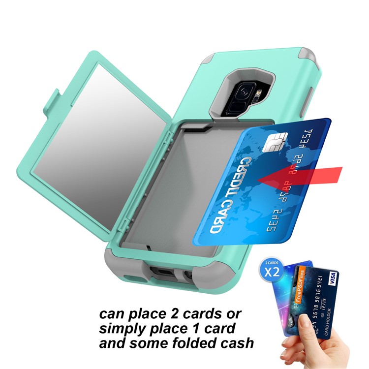 Shockproof Card Holder Mirror PC + TPU Hybrid Protective Case for Samsung Galaxy S9 SM-G960 - Cyan-7