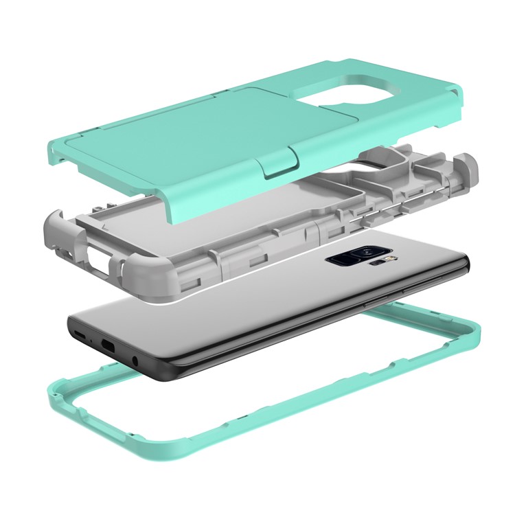 Shockproof Card Holder Mirror PC + TPU Hybrid Protective Case for Samsung Galaxy S9 SM-G960 - Cyan-9