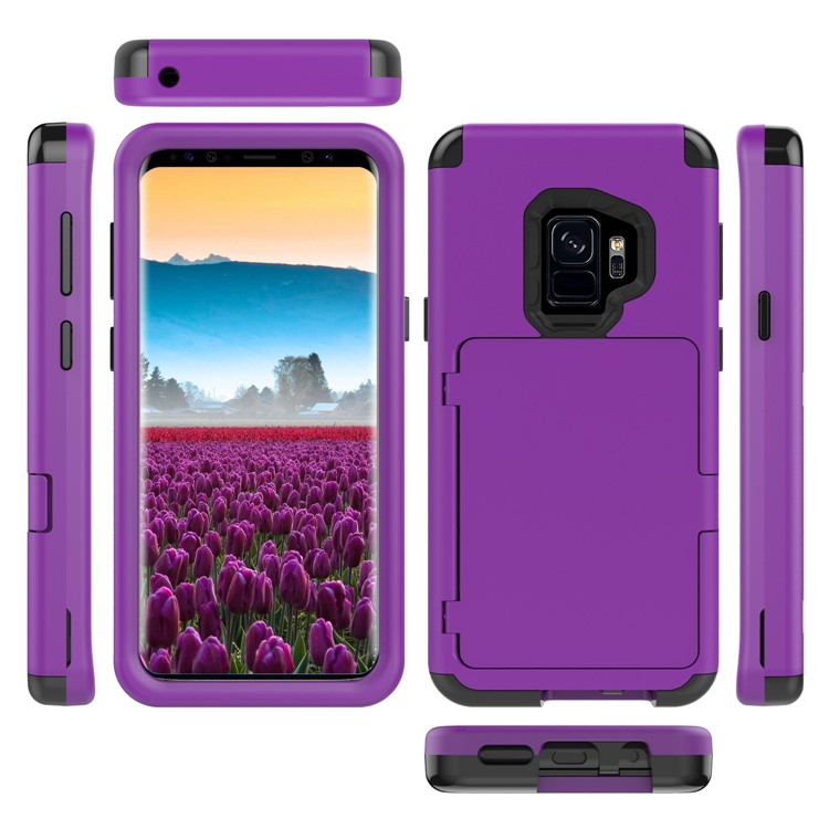 Shockproof Card Holder Mirror PC + TPU Combo Phone Case for Samsung Galaxy S9 SM-G960 - Purple-4