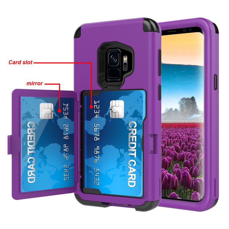 Shockproof Card Holder Mirror PC + TPU Combo Phone Case for Samsung Galaxy S9 SM-G960 - Purple-5