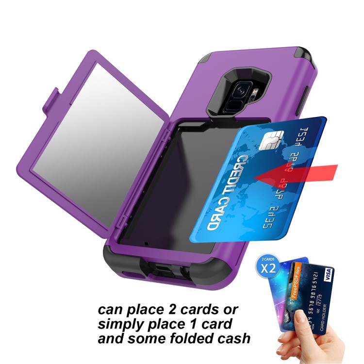 Shockproof Card Holder Mirror PC + TPU Combo Phone Case for Samsung Galaxy S9 SM-G960 - Purple-7