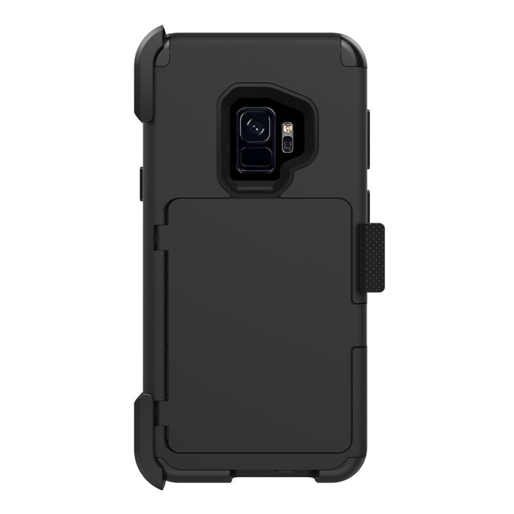 Shockproof Card Holder Mirror PC + TPU Hybrid Case with Kickstand Belt for Samsung Galaxy S9 SM-G960 - Black-2