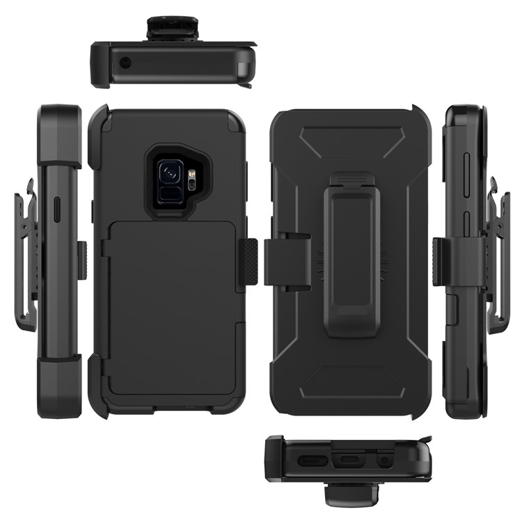 Shockproof Card Holder Mirror PC + TPU Hybrid Case with Kickstand Belt for Samsung Galaxy S9 SM-G960 - Black-4