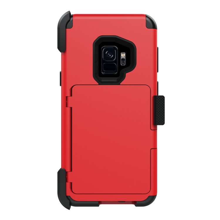 Shockproof Card Holder Mirror PC + TPU Hybrid Shell with Kickstand Belt for Samsung Galaxy S9 SM-G960 - Red-2