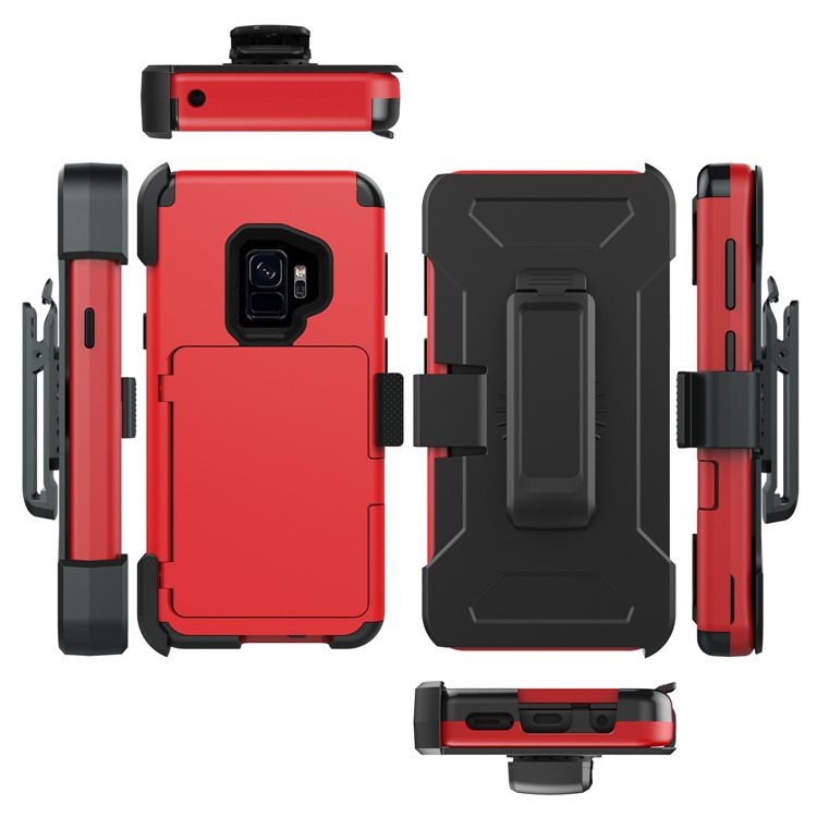 Shockproof Card Holder Mirror PC + TPU Hybrid Shell with Kickstand Belt for Samsung Galaxy S9 SM-G960 - Red-3