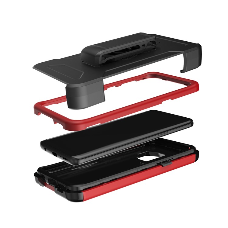 Shockproof Card Holder Mirror PC + TPU Hybrid Shell with Kickstand Belt for Samsung Galaxy S9 SM-G960 - Red-5