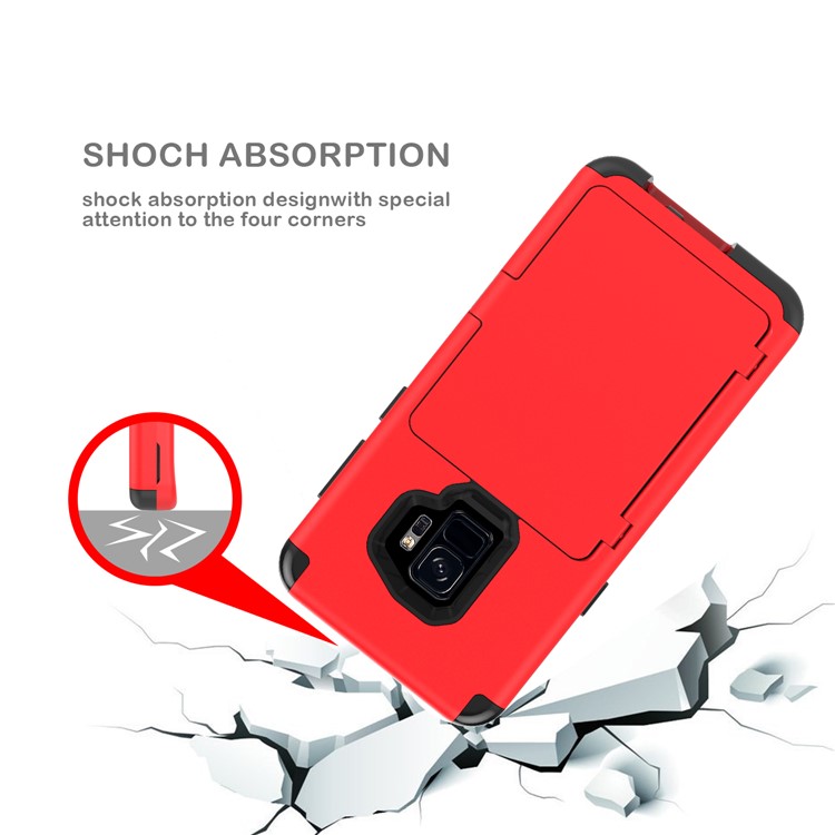 Shockproof Card Holder Mirror PC + TPU Hybrid Shell with Kickstand Belt for Samsung Galaxy S9 SM-G960 - Red-6