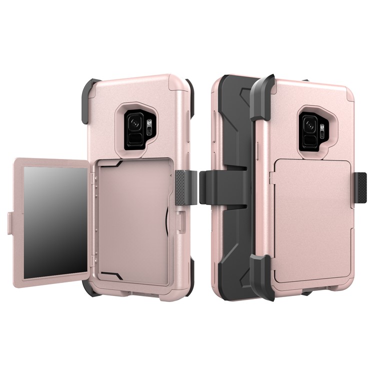 Shockproof Card Holder Mirror PC + TPU Hybrid Phone Case with Kickstand Belt for Samsung Galaxy S9 SM-G960 - Rose Gold-1