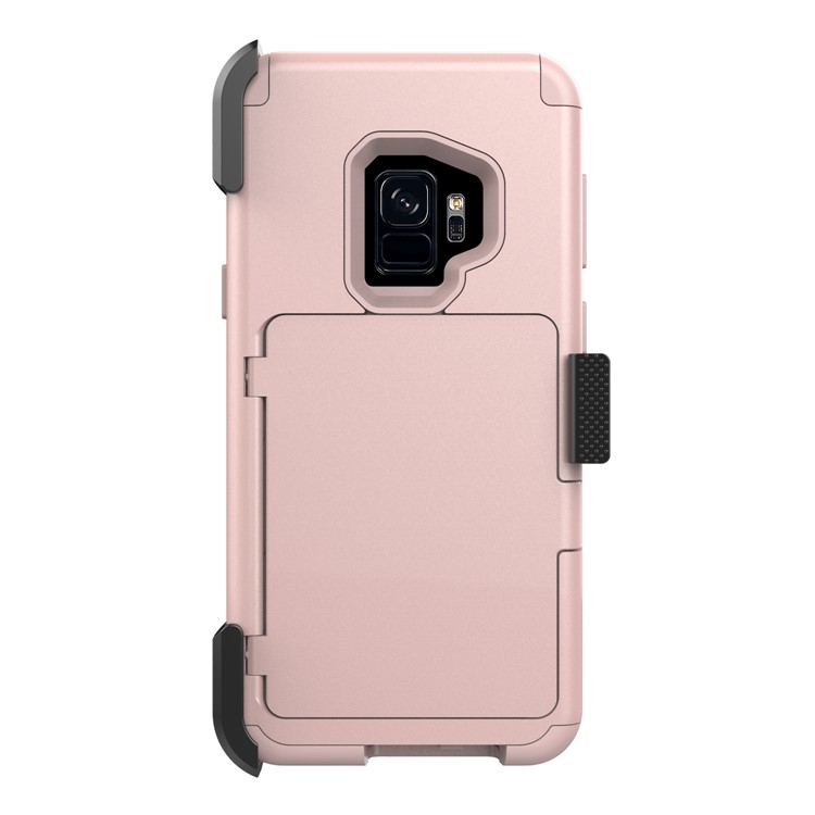 Shockproof Card Holder Mirror PC + TPU Hybrid Phone Case with Kickstand Belt for Samsung Galaxy S9 SM-G960 - Rose Gold-2
