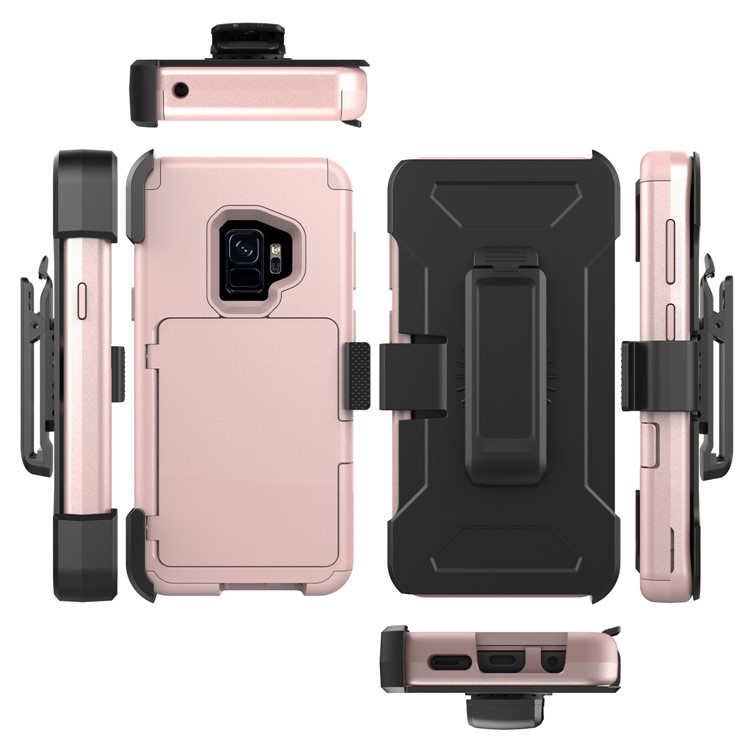 Shockproof Card Holder Mirror PC + TPU Hybrid Phone Case with Kickstand Belt for Samsung Galaxy S9 SM-G960 - Rose Gold-4