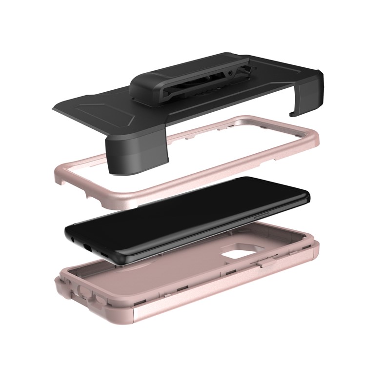 Shockproof Card Holder Mirror PC + TPU Hybrid Phone Case with Kickstand Belt for Samsung Galaxy S9 SM-G960 - Rose Gold-6
