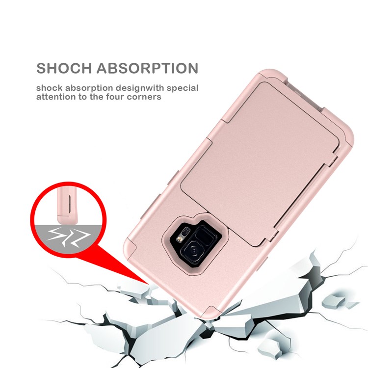 Shockproof Card Holder Mirror PC + TPU Hybrid Phone Case with Kickstand Belt for Samsung Galaxy S9 SM-G960 - Rose Gold-7