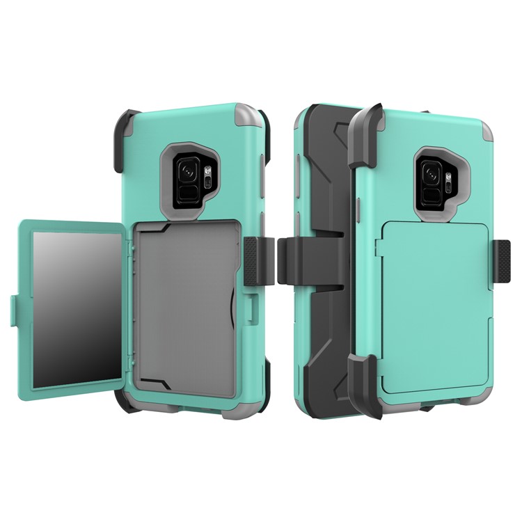 Shockproof Card Holder Mirror PC + TPU Hybrid Protection Case with Kickstand Belt for Samsung Galaxy S9 SM-G960 - Cyan-1
