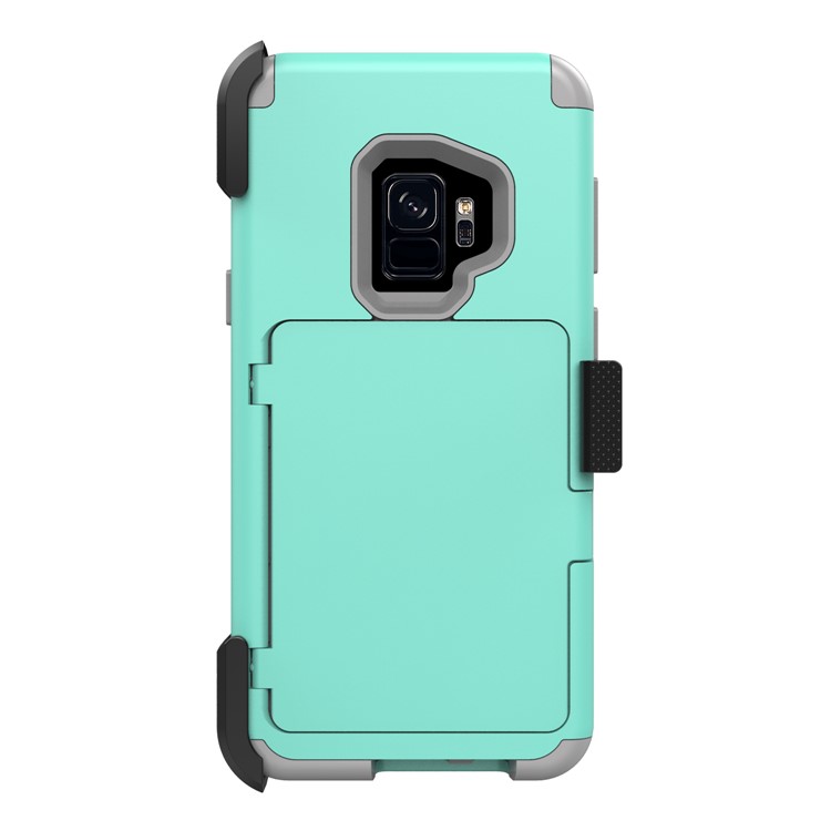 Shockproof Card Holder Mirror PC + TPU Hybrid Protection Case with Kickstand Belt for Samsung Galaxy S9 SM-G960 - Cyan-2