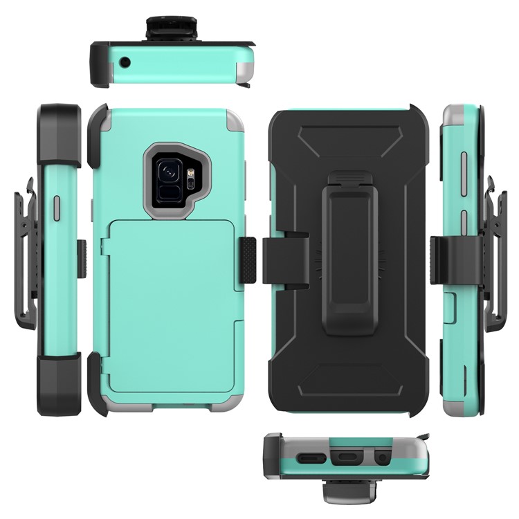 Shockproof Card Holder Mirror PC + TPU Hybrid Protection Case with Kickstand Belt for Samsung Galaxy S9 SM-G960 - Cyan-4
