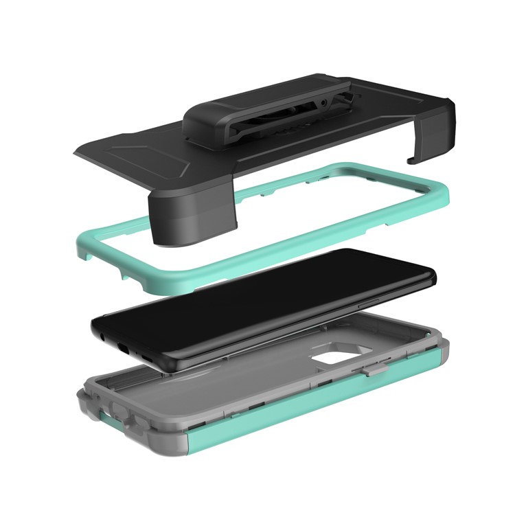 Shockproof Card Holder Mirror PC + TPU Hybrid Protection Case with Kickstand Belt for Samsung Galaxy S9 SM-G960 - Cyan-6