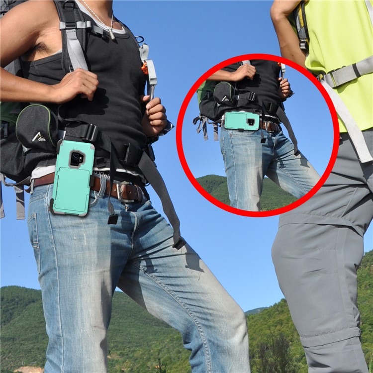 Shockproof Card Holder Mirror PC + TPU Hybrid Protection Case with Kickstand Belt for Samsung Galaxy S9 SM-G960 - Cyan-8