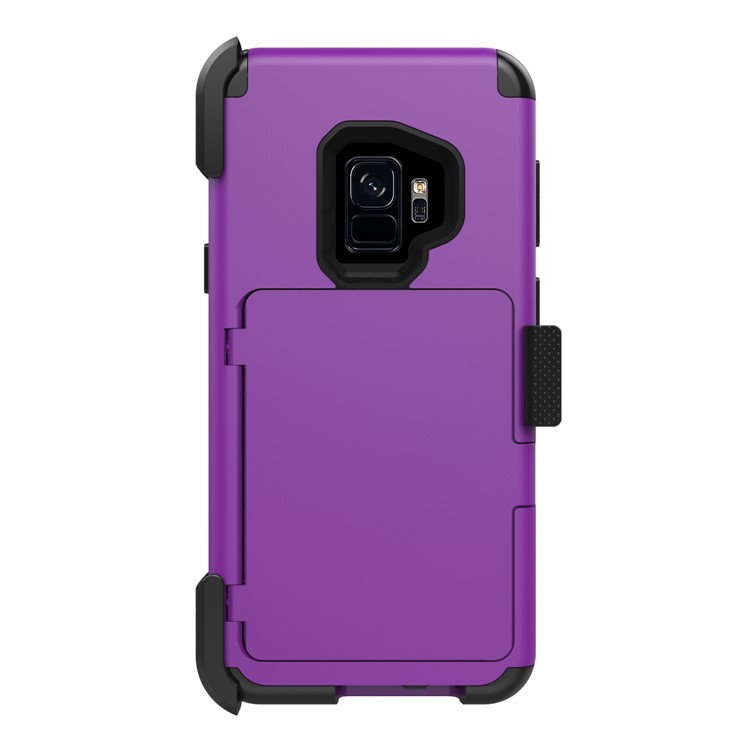 Shockproof Card Holder Mirror PC + TPU Combo Cover Case with Kickstand Belt for Samsung Galaxy S9 SM-G960 - Purple-2
