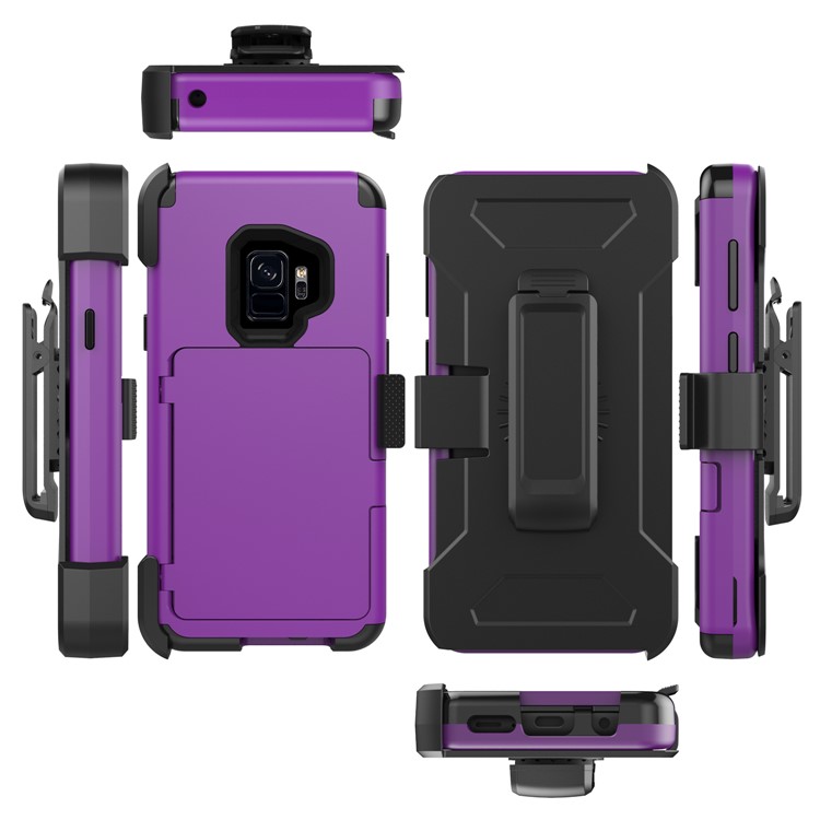 Shockproof Card Holder Mirror PC + TPU Combo Cover Case with Kickstand Belt for Samsung Galaxy S9 SM-G960 - Purple-4