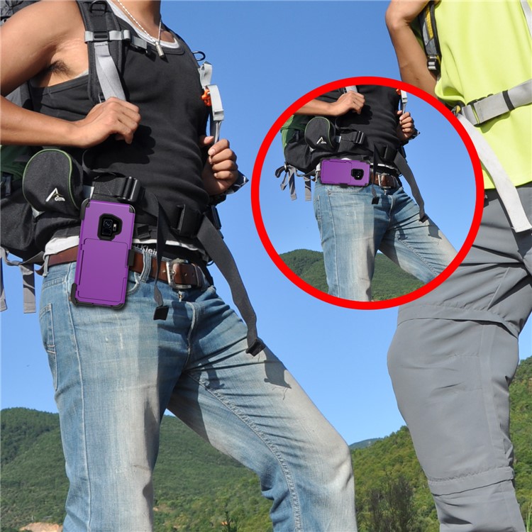 Shockproof Card Holder Mirror PC + TPU Combo Cover Case with Kickstand Belt for Samsung Galaxy S9 SM-G960 - Purple-8